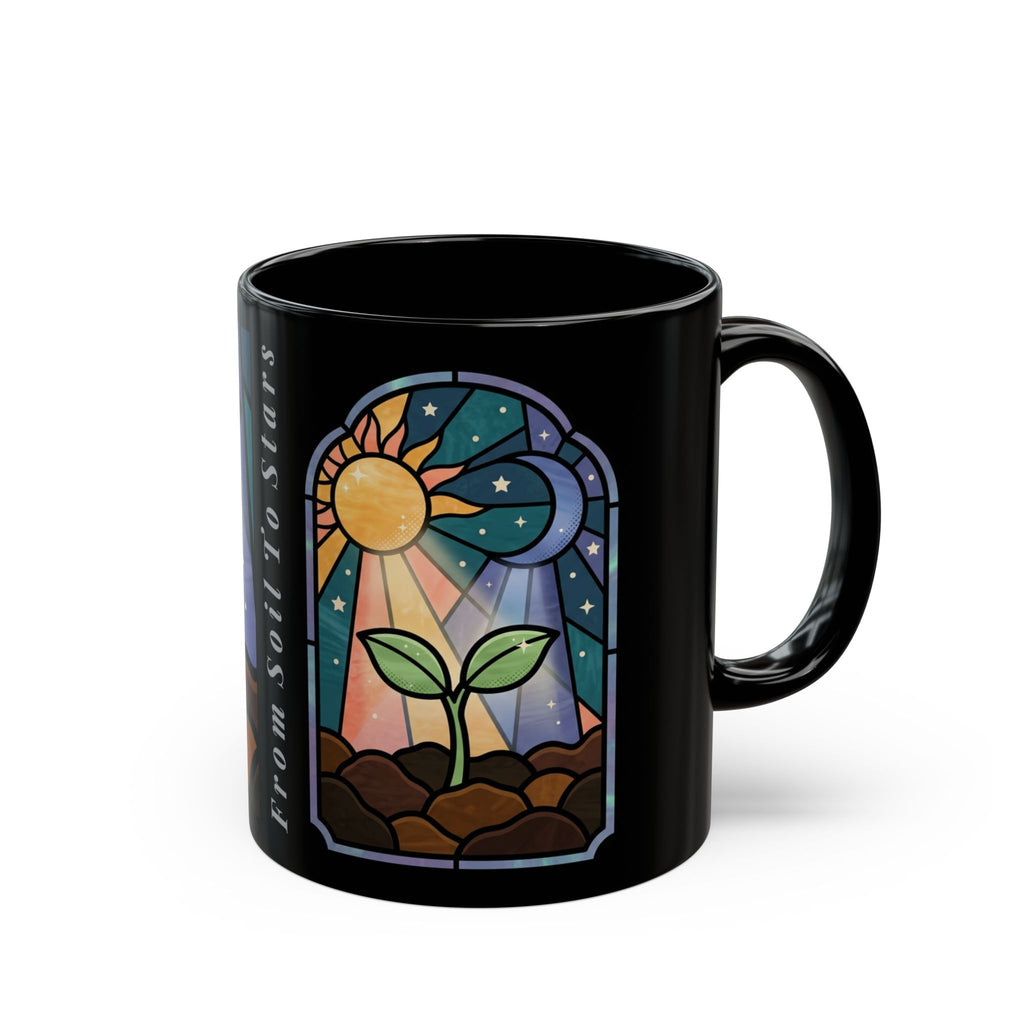 Stained Glass Seedling Black Mug — "From Soil to Stars" Inspirational Ceramic Coffee Cup (11oz/15oz)