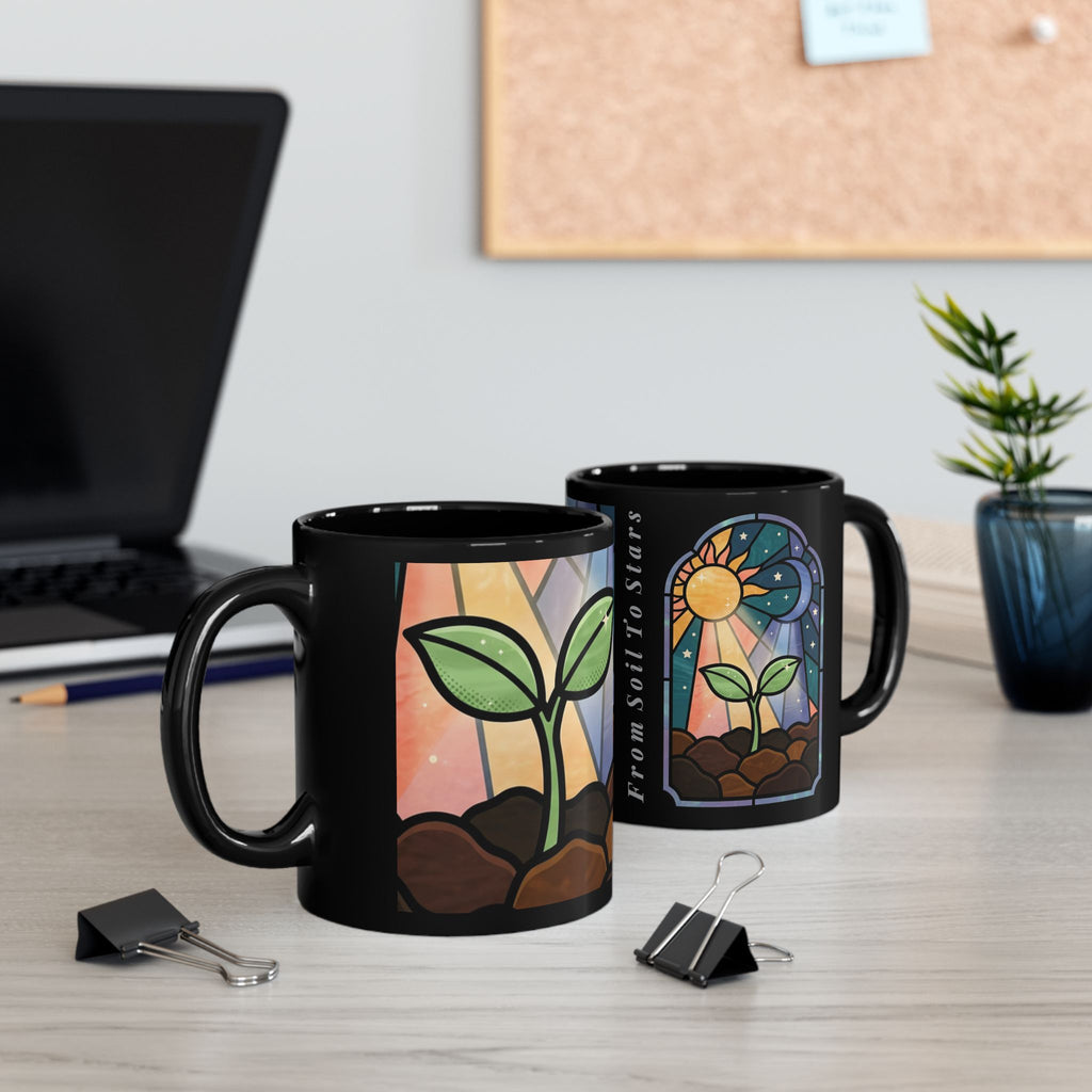 Stained Glass Seedling Black Mug — "From Soil to Stars" Inspirational Ceramic Coffee Cup (11oz/15oz)