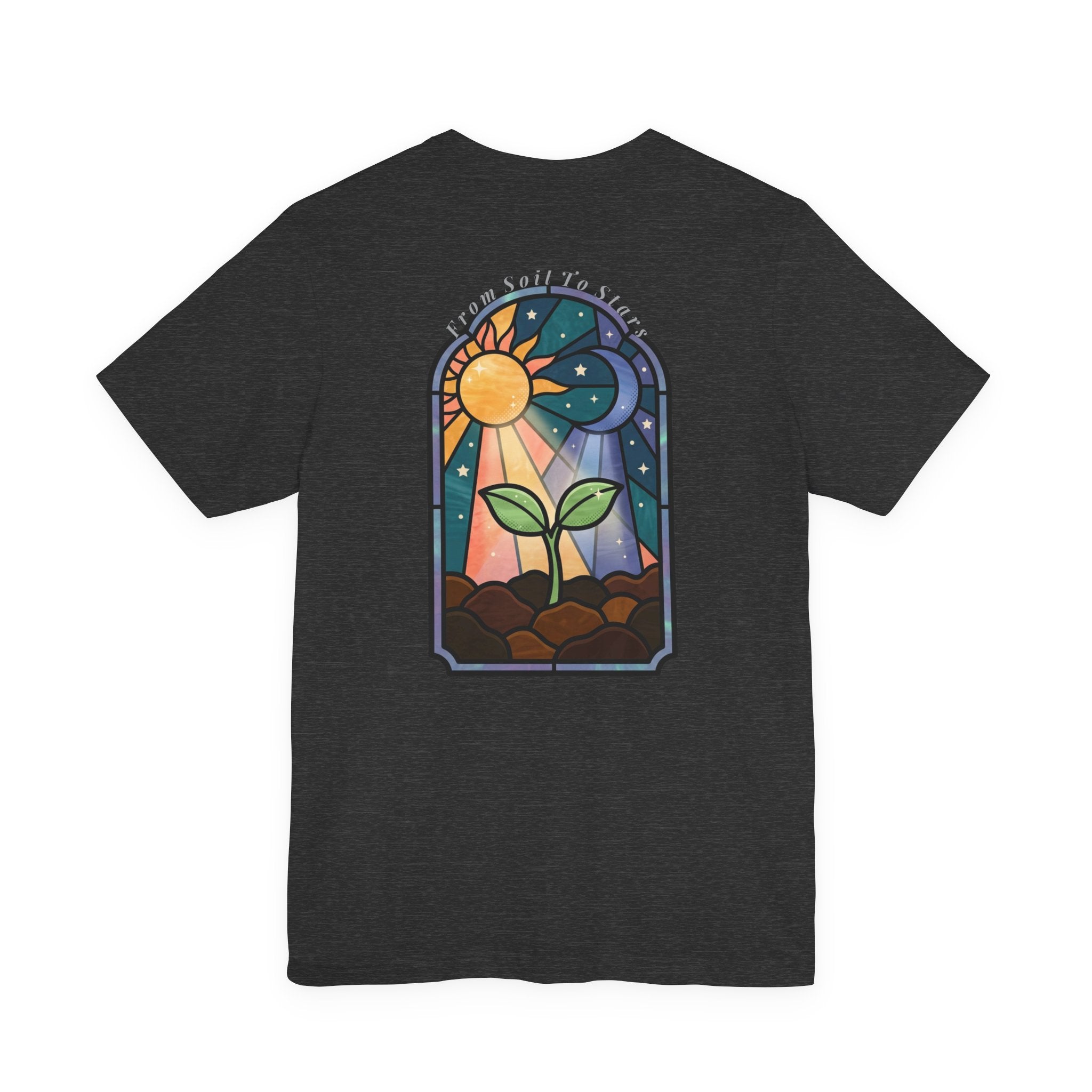 Plant Growth Tee — 'From Soil To Stars' Stained-Glass Seedling T-Shirt (Front & Back)