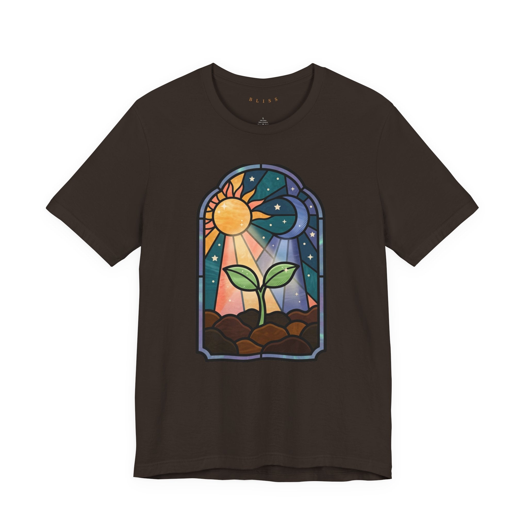 Plant Growth Stained Glass Tee — Sun & Moon Stars Seedling T-Shirt