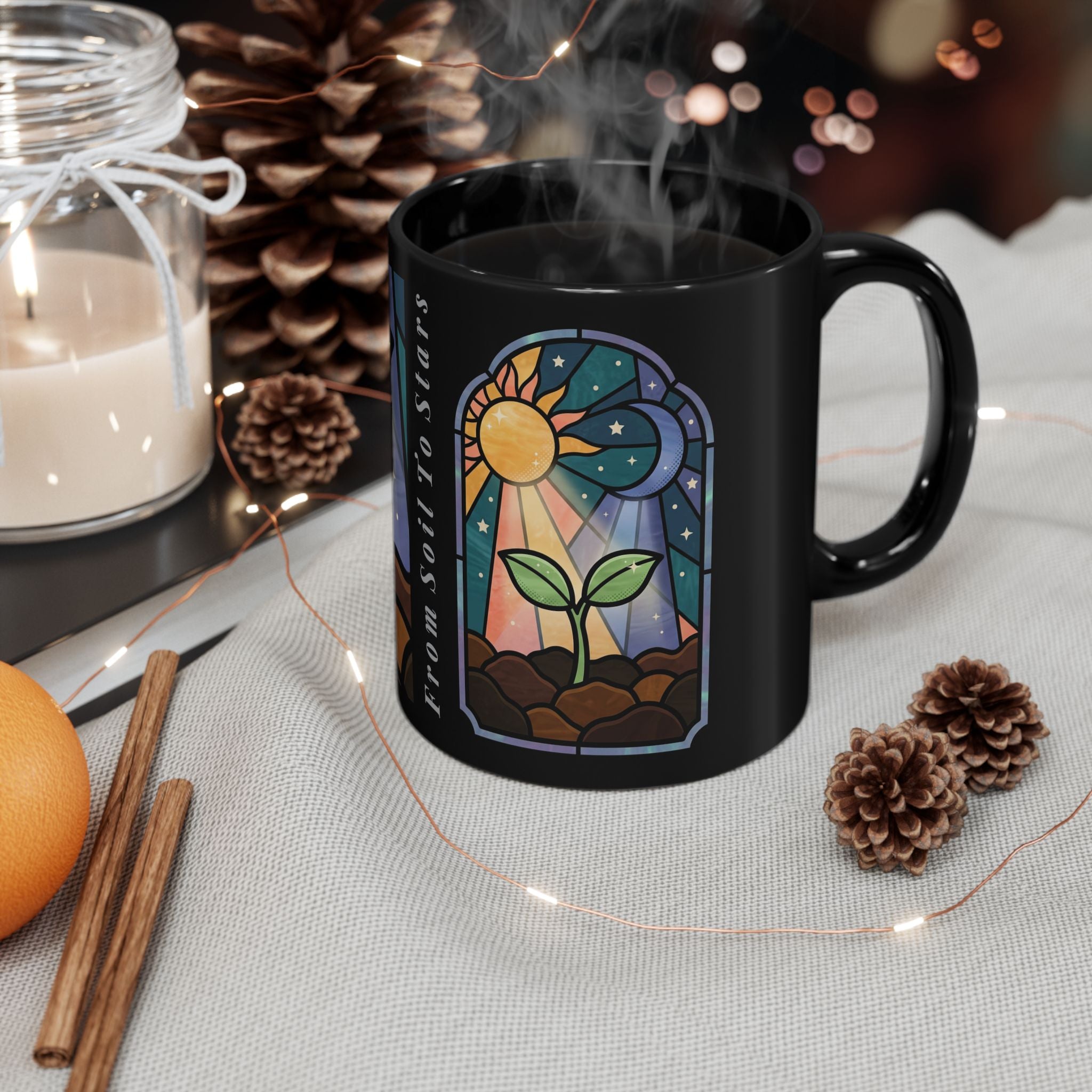 Stained Glass Seedling Black Mug — "From Soil to Stars" Inspirational Ceramic Coffee Cup (11oz/15oz)