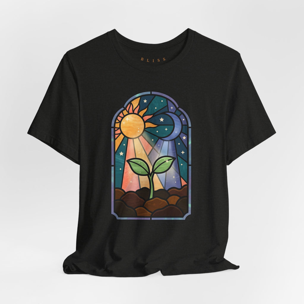 Plant Growth Stained Glass Tee — Sun & Moon Stars Seedling T-Shirt