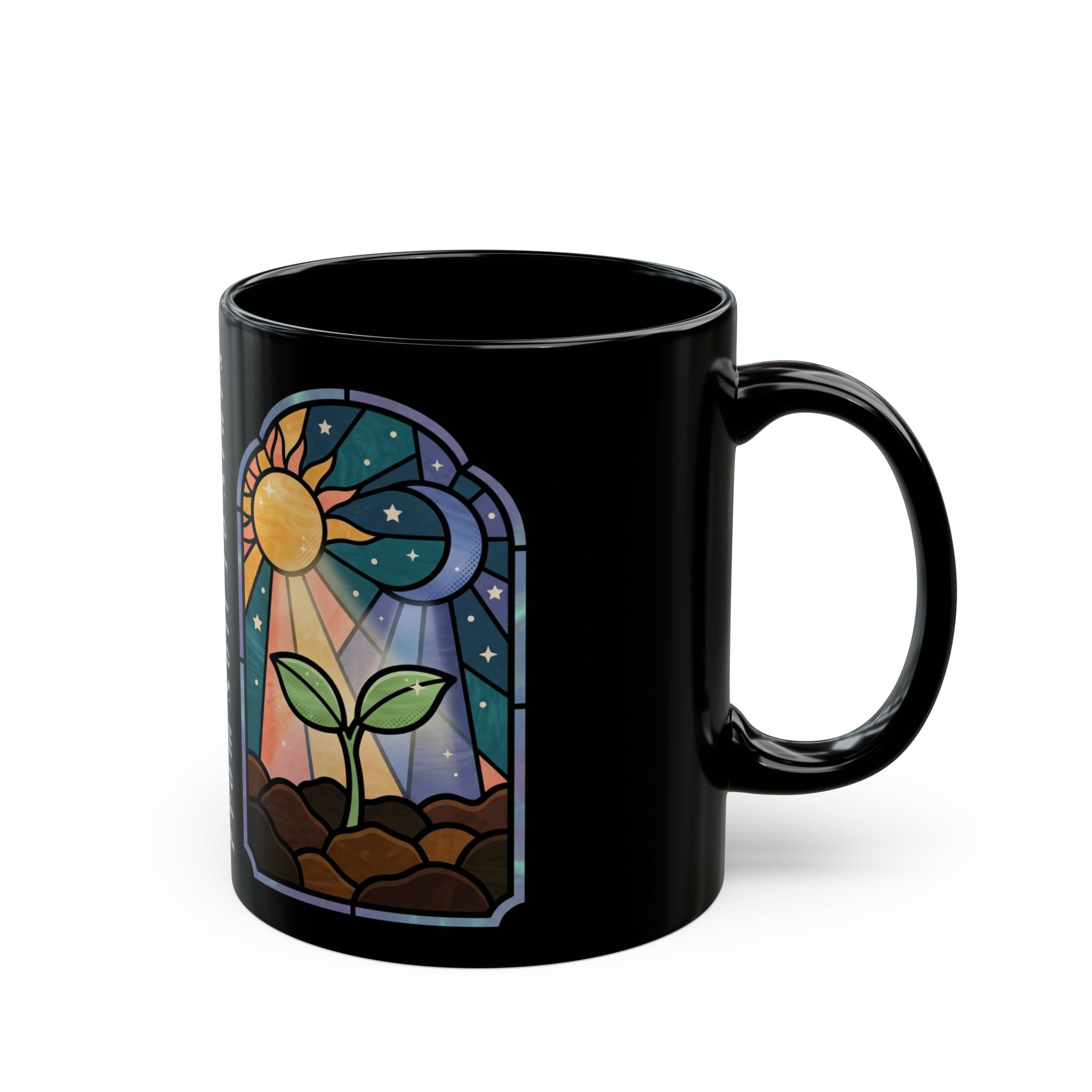 Stained Glass Seedling Black Mug — "From Soil to Stars" Inspirational Ceramic Coffee Cup (11oz/15oz)