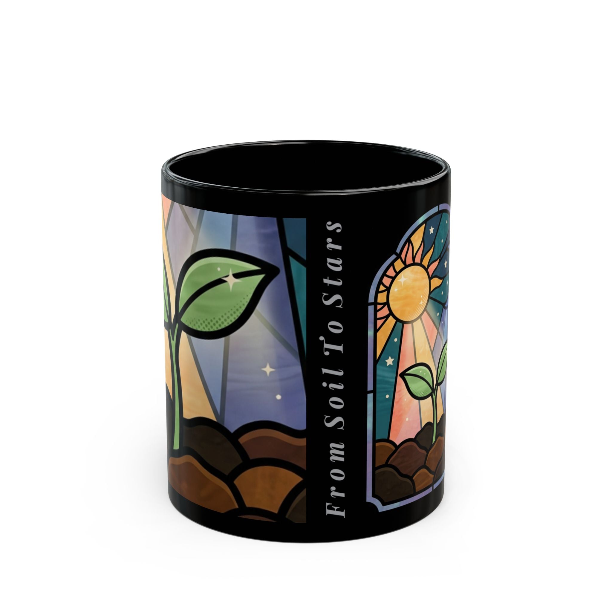 Stained Glass Seedling Black Mug — "From Soil to Stars" Inspirational Ceramic Coffee Cup (11oz/15oz)