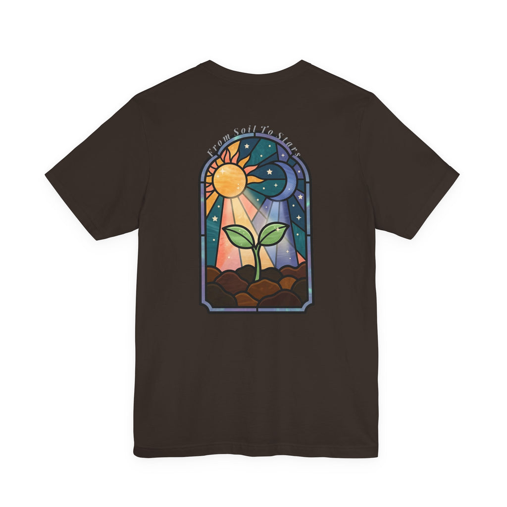 Plant Growth Tee — 'From Soil To Stars' Stained-Glass Seedling T-Shirt (Front & Back)