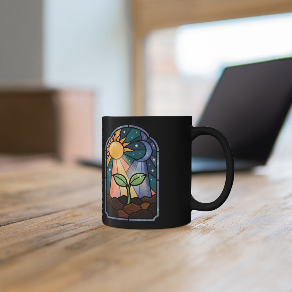 Stained Glass Seedling Black Mug — "From Soil to Stars" Inspirational Ceramic Coffee Cup (11oz/15oz)