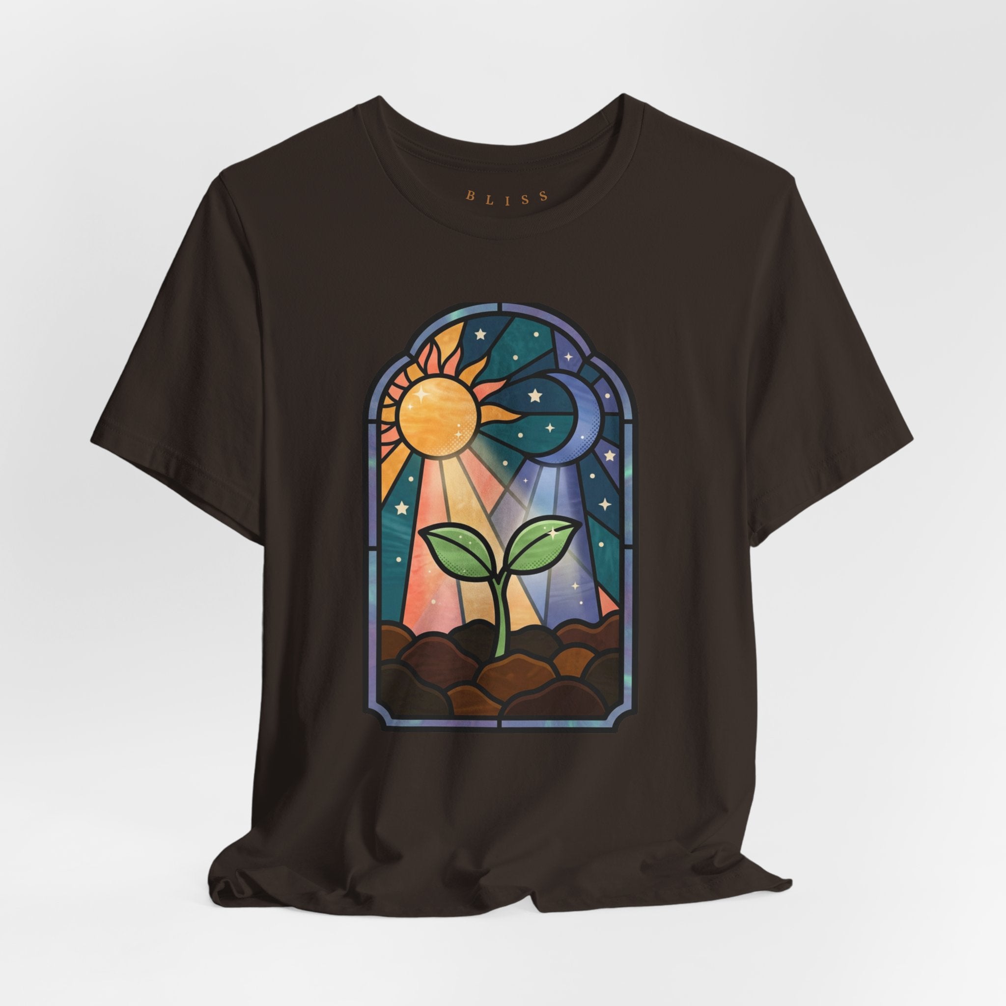 Plant Growth Stained Glass Tee — Sun & Moon Stars Seedling T-Shirt