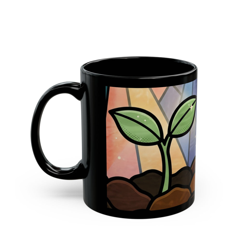Stained Glass Seedling Black Mug — "From Soil to Stars" Inspirational Ceramic Coffee Cup (11oz/15oz)