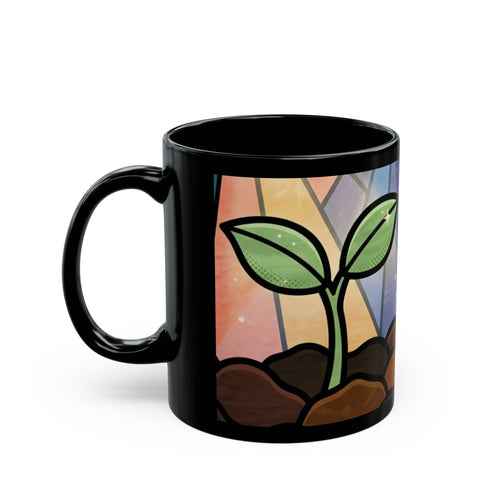 Stained Glass Seedling Black Mug — "From Soil to Stars" Inspirational Ceramic Coffee Cup (11oz/15oz)